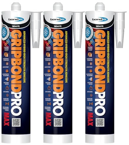 Bond It GRIPBOND PRO MAX Ultimate Grab Hybrid Adhesive – 3x White, 285ml | Superior Grab – Weatherproof – Solvent-Free | Ideal High Strength Adhesive Silicone for Metal – Wood – Glass – Concrete