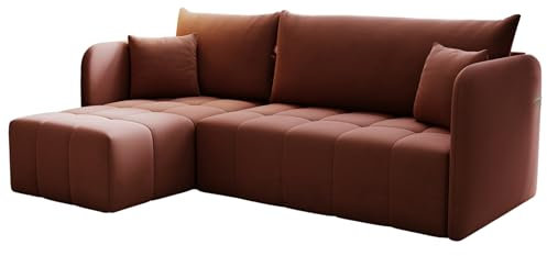 KP-Meble - Ecksofa mit Schlaffunktion Santo, Schlafsofa mit Bettkasten Couch, Wohnlandschaft, Bequemer Sitz - Velourstoff mit dekorativer Steppung - Links - Monolith 63 (Puder)