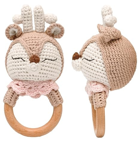 Beißring Baby Reh gehäkelt aus Holz – Handgemachte Rassel für Babys – Geschenk zur Geburt – Montessori Babyspielzeug – Little Hoodies