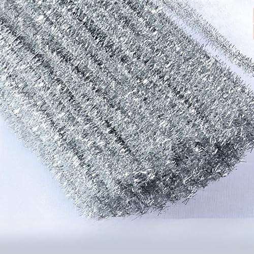 YKAFADE 100 Stück Pfeifenputzer Zum Basteln, Pfeifenputzer Glitzer Chenilledraht für DIY Basteln Lang 30cm Breit 6mm Bunt Biegeplüsch Basteldraht für Weihnachten DIY Handwerk Dekorationen -Silber