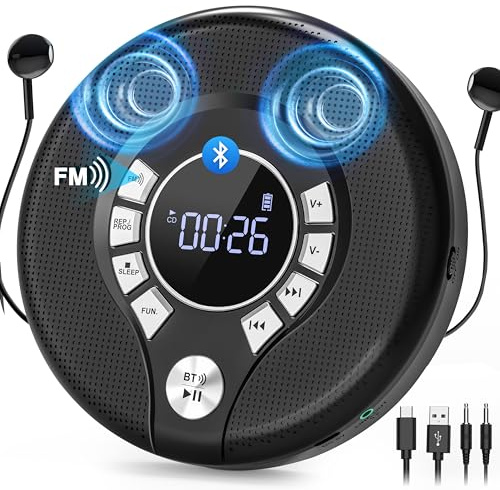 Greadio Portable Bluetooth CD Player with 2000mAh Rechargeable, Personal CD Player for Car with FM Transmitter/AUX, CD Discman Player with Headphone, 120s Anti-Skip, USB Port, Backlight (Black)