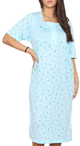 LAMANIERE Pack of 2 Ladies Long Nightie Short Sleeve Nightwear Crew Neck Button Printed Nightdress 3/4 Length Cotton Comfort, Assorted Pack of 2, M