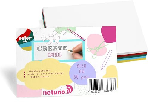 Netuno Bristol Lot de 50 cartons colorés - Format A6 - 10,5 x 14,8 cm - 250 g - Mélange de cartes pour le bricolage - Carton vierge - Papier de bricolage coloré