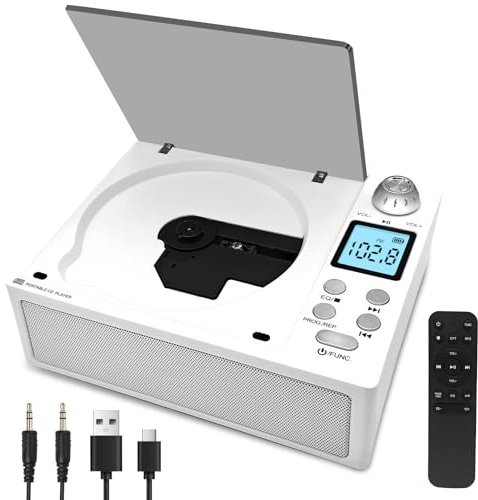 Tragbarer CD-Player mit Bluetooth 5.3 Sender & Empfänger, 4000mAh Akku, HiFi-Sound, USB/TF/AUX, LED-Display, Fernbedienung für Haus/Auto/Geschenk