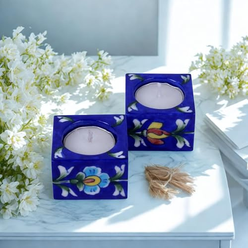 THE Unltd India Blue Pottery - Set di 2 portacandele in ceramica dipinta a mano, arte tradizionale indiana per la casa, ideale per festival, Natale, regali unici