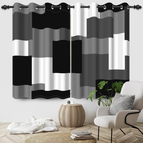 ggaimwf 117x138cm Cortina con Ojales geométrica Abstracta Negro Gris Blanco Rectángulo Patrón de Arte Separadores de ambientes Opacos Cortinas para Ventanas Dormitorio Sala de Estar Oficina,2 Panel