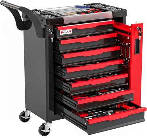 AIRAJ 7-Drawers Tool Chest, Lockable Tool Box on Wheels,Tool Cart with Hidden Side Cabinet, Heavy-Duty Metal Tool Cabinet, for Garages, Workshops, Warehouses,Red and Black.