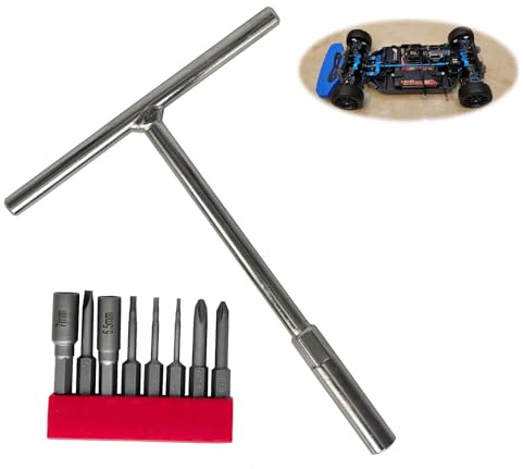 8Pcs RC Car Tools Set, JIS & Allen Bits, S2 Steel Magnetic Screwdriver Bits with Mini T-Handle Socket Wrench, 7mm Wheel Nut Tool for Tamiya Compatible Tools, RC Model Kits & Trucks