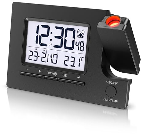 CSL - Wecker Funkuhr digital - Projektionswecker – Funkuhr mit Projektion – Dopplalarm – USB Anschluss – Schlummerfunktion – 180° Projektor – LCD-Anzeige – für Schlafzimmer Kinderzimmer Wohnzimmer