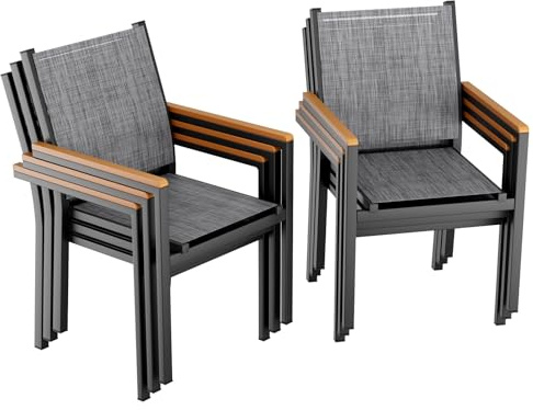 LIFERUN Trädgårdsstol, set med 6 stycken, aluminium, stapelbar matstol textilen, WPC-ledstång, balkongstolar, för terrass, balkong, terrass, pool, restauranger, väderbeständig, linnegrå, 6 st