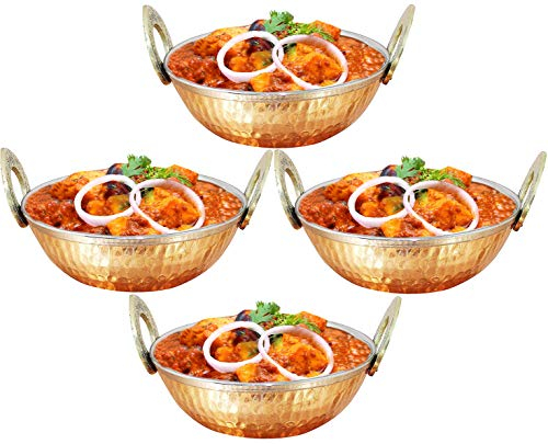 Satz von 4, der Kupfer Utensilien Indien karahi Abendessen Gemüse Schüssel mit Griff für indische Lebensmittel, Durchmesser 15 cm
