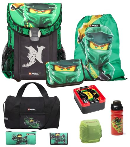 Familando - Schulranzen Set 9-teilig mit Sporttasche - Ninjago Grün - Ergonomisch, stabil & mit gepolstertem Rücken - 790g leicht mit 16L Volumen - wasserabweisend und mit Reflektoren - Ab 1. Klasse