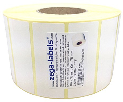 Thermotransfer Etiketten auf Rolle - 102 x 38 mm - 3.580 Stück je Rolle - Kern: 76 mm - aussen gewickelt - permanent haftend - Druckverfahren: Thermotransfer (Drucken mit Farbband)