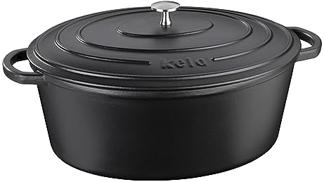 kela Bräter Gusseisen oval 6 Liter, Dutch Oven CALIDO, Induktion Gussbräter mit Deckel, Gusseisen Topf Brot backen, emailliert, schwarz