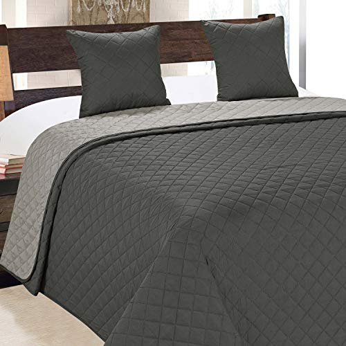 Euromat Tagesdecke Steppdecke Bettüberwurf Gesteppte Zweiseitig Tagesdecke mit 2 Kissenbezüge 40x40 cm- (Dunkelgrau Silber- 10, 180x220 cm)