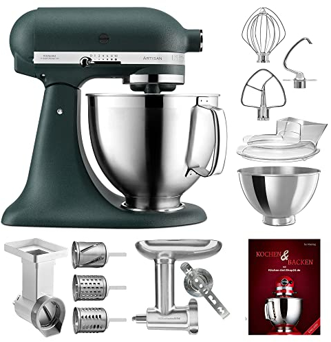 KitchenAid Küchenmaschine Artisan - P23 Vario Set Deluxe 185er (AM) - 5KSM185PSEPP inkl. Gemüseschneider (MVSA), Fleischwolf Ganzmetall (5KSMMGA) und Kochbuch (Kochen & Backen)