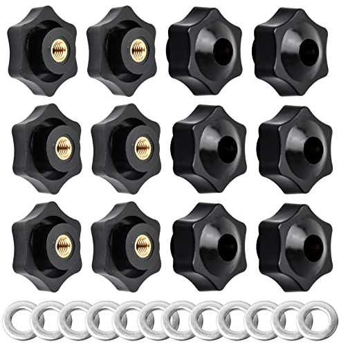 12 Stück Innengewinde SternKopf, M6 Sternknöpfe mit Unterlegscheiben,Knauf mit Gewinde,Flügelschraube,Sternschrauben, Schwarzer Kunststoffgriff Klemmknöpfe Griff für Mechanische Geräte