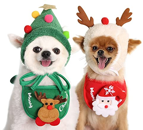 Haustier-Weihnachtskostüm, 4 Stück, Hunde- und Katzen-Weihnachtsoutfit, lustige Geweihe, Weihnachtsmützen, verstellbarer Umhang, Weihnachtsmann-Speicheltücher für Hündchen, Katzen, Anziehsachen