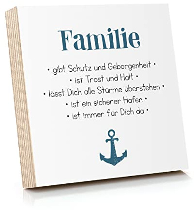 ARTFAVES® Holzbild mit Spruch - Familie gibt Schutz und Geborgenheit - Anker | Deko Geschenk zum Thema Familie/Zuhause/Liebe/Größe: 14,8 x 14,8 cm