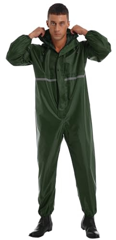 Runhomal Herren Regenanzug Wasserdichte Jumpsuit Langarm Regenoverall Regenkombi Reflektierende Regenmantel Overall mit Kapuze Reißverschluss Raincoat Grün L