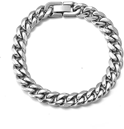 HSWYFCJY Kubanische Armband Herren Edelstahl Panzerarmband Herren Silber Hip Hop Armband für Männer Schmuck Breite 9mm,Länge 19cm