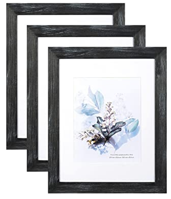 KAIWIN Bilderrahmen aus 100 % Massivholz, schwarz, 28 x 35 cm, mit Passepartout, HD-Glas innen, rustikaler Holz-Bilderrahmen für Wandmontage, 20,3 x 25,4 cm
