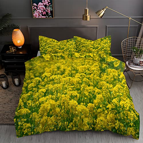 Housse de Couette 220x240 Jaune Parure de Lit 220x240 Adulte Colza 2 Personnes ImpriméEs Housses de Couettes Microfibre Douceur avec 2 Taies d'oreiller, avec Fermeture ZippéE