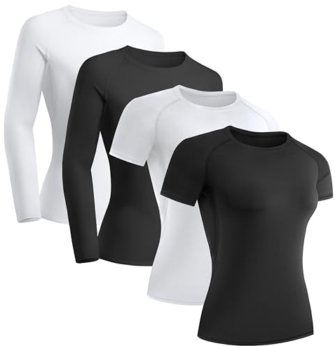 TELALEO 4 Pack Women's Compression Shirt Long/Short Sleeve Performance Workout Baselayer Athletic Top Gym Sports Gear-2Black/2White Small
