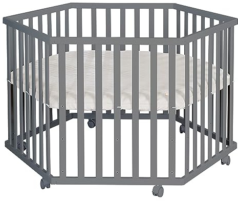roba Laufgitter 6-eckig aus Holz anthrazit - Laufstall für Babys mobil mit Rollen & Schutzeinlage Greyish gesteppt aus veganem Leder - Schutzgitter höhenverstellbar 