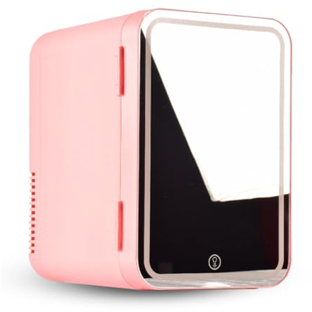 HAZARA Mini RéFrigéRateur Silencieux, 8L,avec Miroir De Courtoisie LED Petit Frigo Pas Cher, Voiture,Maison,Chaud Et Froid 2 en 1 RéFrigéRateur Portable, pour Chambre, Bureau Et Voiture,Pink