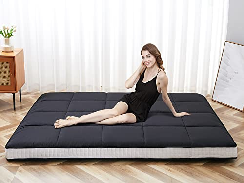 SUNYRISY Japanese Floor Futon Mattress, Thicken Foldable Roll Up Bed Mattress Topper Sleeping Pad Tatami Mat, Floor Lounger Guest Bed for Camping Couch Car, Black, King
