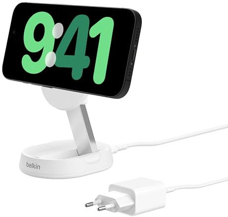 Belkin BoostCharge Pro caricatore magnetico convertibile da 15 W, caricabatterie wireless rapido Qi2, compatibile con MagSafe, per iPhone 16/15/14/13/12, AirPods, alimentatore da 20 W incluso, Bianco