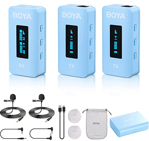BOYA Wireless Lavalier Microphone BY-XM6-K2 Noise Cancelling Lapel Microphones for DSLR Cameras,328ft Range,21H Battery Life,Compact Clip on Mic for Video Recording Live Streaming Interview,Blue