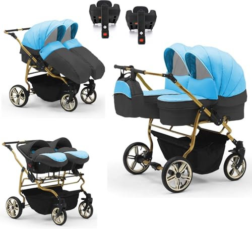 Zwillingskinderwagen 5 in 1 Duet Lux Goldedition inkl. Autositze und Iso Bases - 14 Teile - in 20 Farben