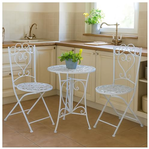 HTI living Romantisches 3-teiliges Bistro-Set aus Metall - Weiß Sitzgruppe Metall Nostalgisch