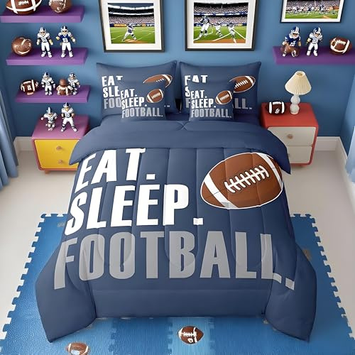 Feelyou Boys Football Comforter Set 7 Pieces Twin Size American Sports Bedding Set for Kids Adults Navy Blue Rugby Bed in a Bag Ball Games Room Decor Football Player Gift
