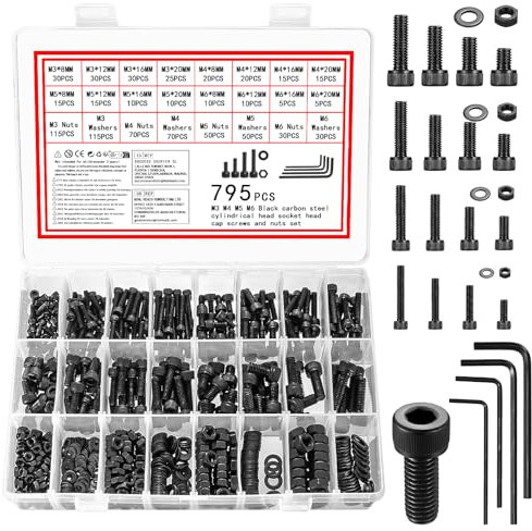 Set di 795 viti esagonali con dadi, M3 M4 M5 M6, viti a testa cilindrica con esagono incassato, set di viti per macchina, set di dadi con rondelle