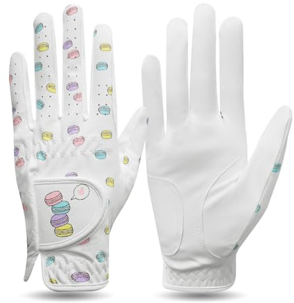 FINGER TEN Golfhandschuh Damen Leder Links Rechts Hand 1 Stück, Golf Handschuhe Mikrofaser mit Macarone Muster Rutschfester Griff Weich Atmungsaktiv and Abriebfest (XS, Links)