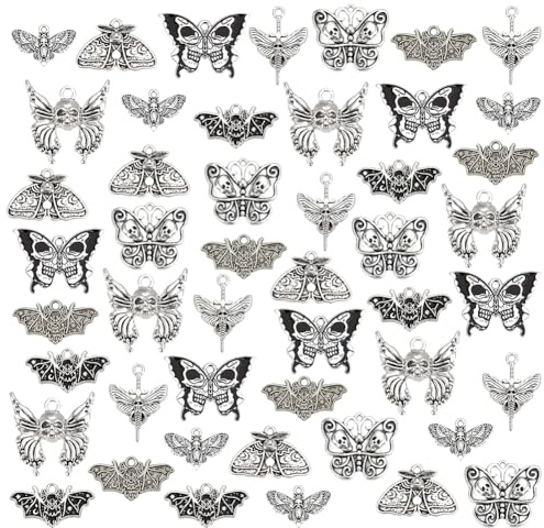PH PandaHall 48 Stück Gothic Motten Charms Halloween Totenkopf Skelett Kopf Charms 8 Stil Antik Silber Totenkopf Schmetterling Fledermaus Charms Für Schmuckherstellung