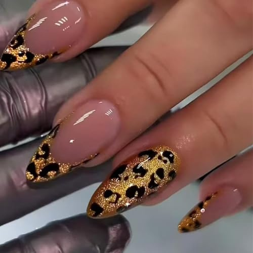 Yamobi Leopard French Press on Nails Medium Almond - 24 uñas postizas con diseño de leopardo dorado con pegamento de gelatina reutilizables