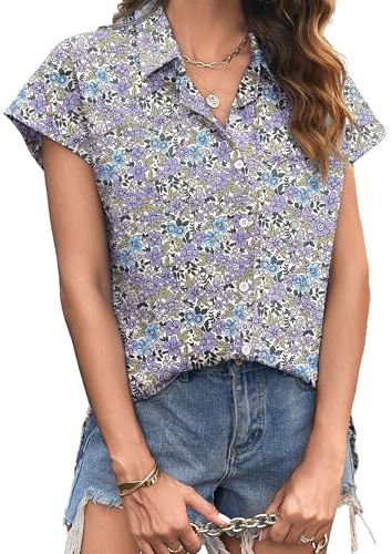 Zeagoo Muslinblus damer sommar kortärmad linneblus ledig v-ringad sommarblus 100 % bomull överdimensionerad skjorta blus elegant linneblusar, Blommig lila, S