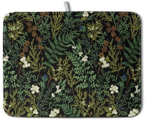 Black Sage Green Plant Dish Drying Mat for Kitchen Counter Vintage Botanic Fern Leaves Floral Dish Drainer Mats Absorbent Microfiber Dishes Pad Reusable Washable Large Dish Draining Mat 18x24 Inch