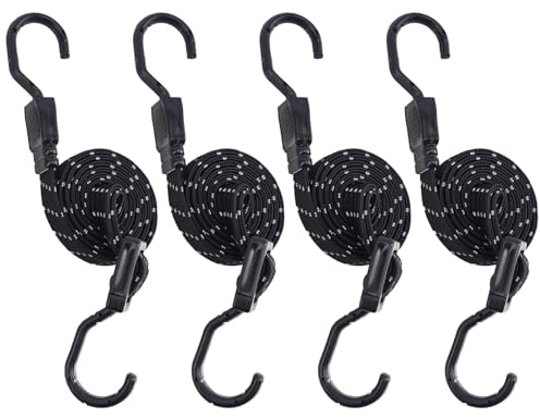KINDPMA Verstellbar Spanngummi mit Haken, Expander mit Metallhaken 4er Set, 120cm Flach Gepäckspanner Schwarz Gummiseil, Reflektierend Gummispanner Gummibänder für Sonnensegel, Fahrrad, Auto, Tarps