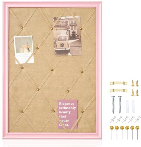 DoubleFill Pink Bulletin Board 21×27 Pink Linen Fabric Decorative Board Hanging Memo Boards with 20 Pushpins for Women Office Large Cork Bulletin Boards for Home & Office Wall Decor Photos Display