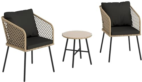 Outsunny 3 Piece Rattan Bistro Set, Patio Wicker Conversation Furniture Set with 2 Chairs, Tempered Glass Table, Cushions, Adjustable Foot Pads, for Garden, Balcony, Nature Wood Finish