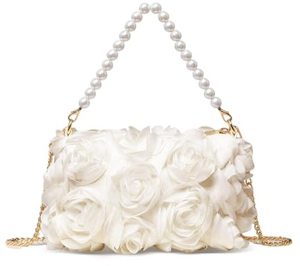 HuiYStar Clutch für Damen,Chiffon-Abendhandtasche mit 3D-Blumenmuster,Tasche mit Perlengriff oben für Hochzeit,Abschlussball,Party