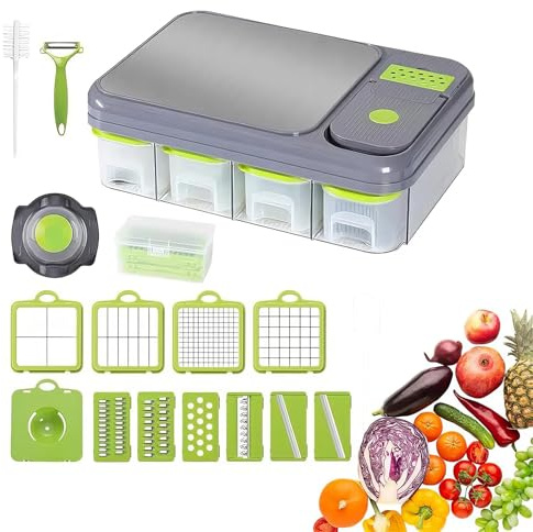 Planche à découper pour légumes avec récipient – Station de préparation 12 en 1 avec 28 mandoline trancheuse et 4 paniers égouttoir pour une préparation efficace des repas