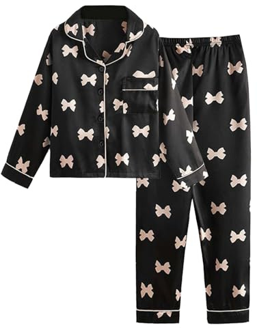 JiAmy pyjamas flickor långärmad pyjamas set sommar barn satin pyjamas 2 stycken button down tonåring nattkläder rosett tryck nattkläder ålder 8–12, svart, 10-11 år