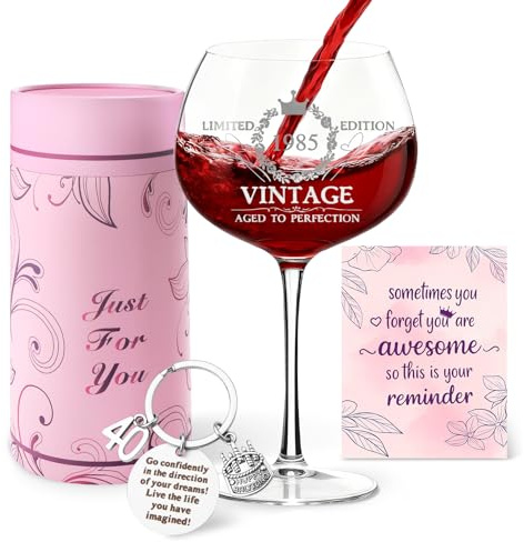 SneiDr Calice Vino Personalizzato Donna Bicchiere Da Vino Vintage 1985 Elegante Regalo Per I 40 Anni Donna con Scatola Regalo Biglietto e Portachiavi Idea Regalo Compleanno Mamma Moglie Amiche 475ml