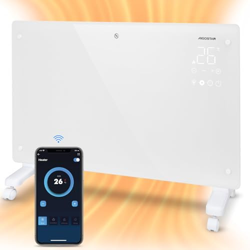 Aigostar Radiateur Electrique à Panneau de verre ultra fin, 1000/2000W. Connexion Wi-Fi, Alexa, Minuterie 24h, 3 Modes, Écran Tactile LED. Programmable. Fixation Murale ou sur pied - Helen Smart Blanc